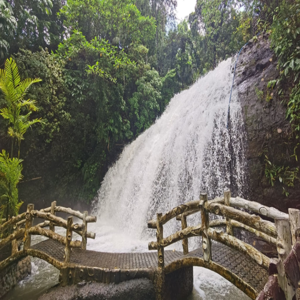 Green Waterfalls in Surigao del Sur, featuring a gentle cascade and a large, tranquil natural pool surrounded by dense, untouched forest foliage.