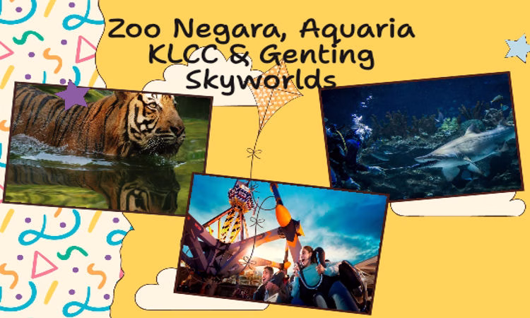 Collage of 3 of Malaysia 15 Best Sellers: Zoo Negara’s wildlife, Genting SkyWorlds Theme Park rides, and the marine life at Aquaria KLCC.