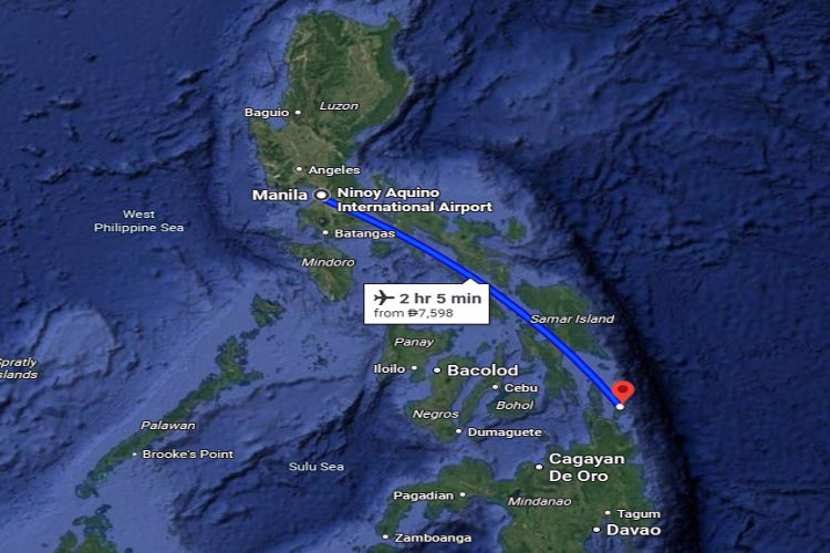 Map showing direct flight route from Manila to Siargao Island, a prime destination for Siargao surfing lessons.