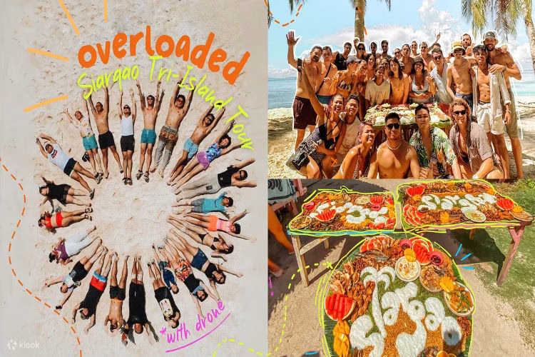 Group of smiling tourists enjoying the Overloaded Tri Island Tour in Siargao, a popular activity for visitors arriving via Cebu to Siargao flight.