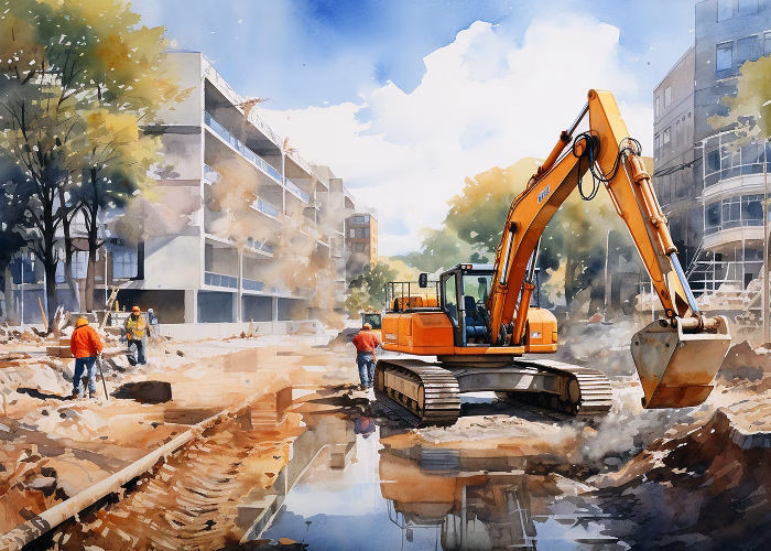 A backhoe is seen constructing a canal at a construction site in Ireland, demonstrating the type of work available for Filipino Jobs Abroad Ireland.