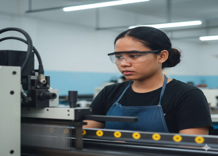 A Filipina machine operator in a factory, wearing safety glasses and a blue apron. Machine Operator is one of the most in demand POEA Jobs In Poland.
