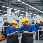 A bustling factory floor with multiple Filipino factory workers wearing blue uniforms and hard hats operating machinery and working on an assembly line in a factory. Factory Workers is one of the in demand POEA Jobs in Poland
