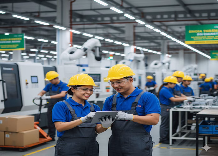 A bustling factory floor with multiple Filipino factory workers wearing blue uniforms and hard hats operating machinery and working on an assembly line in a factory. Factory Workers is one of the in demand POEA Jobs in Poland