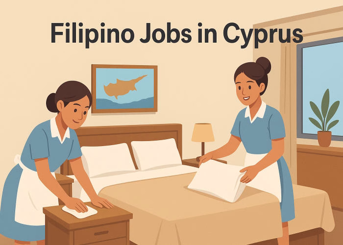 Two hotel room attendants cleaning and arranging a hotel room, representing opportunities for Filipino jobs in Cyprus in hospitality sector.